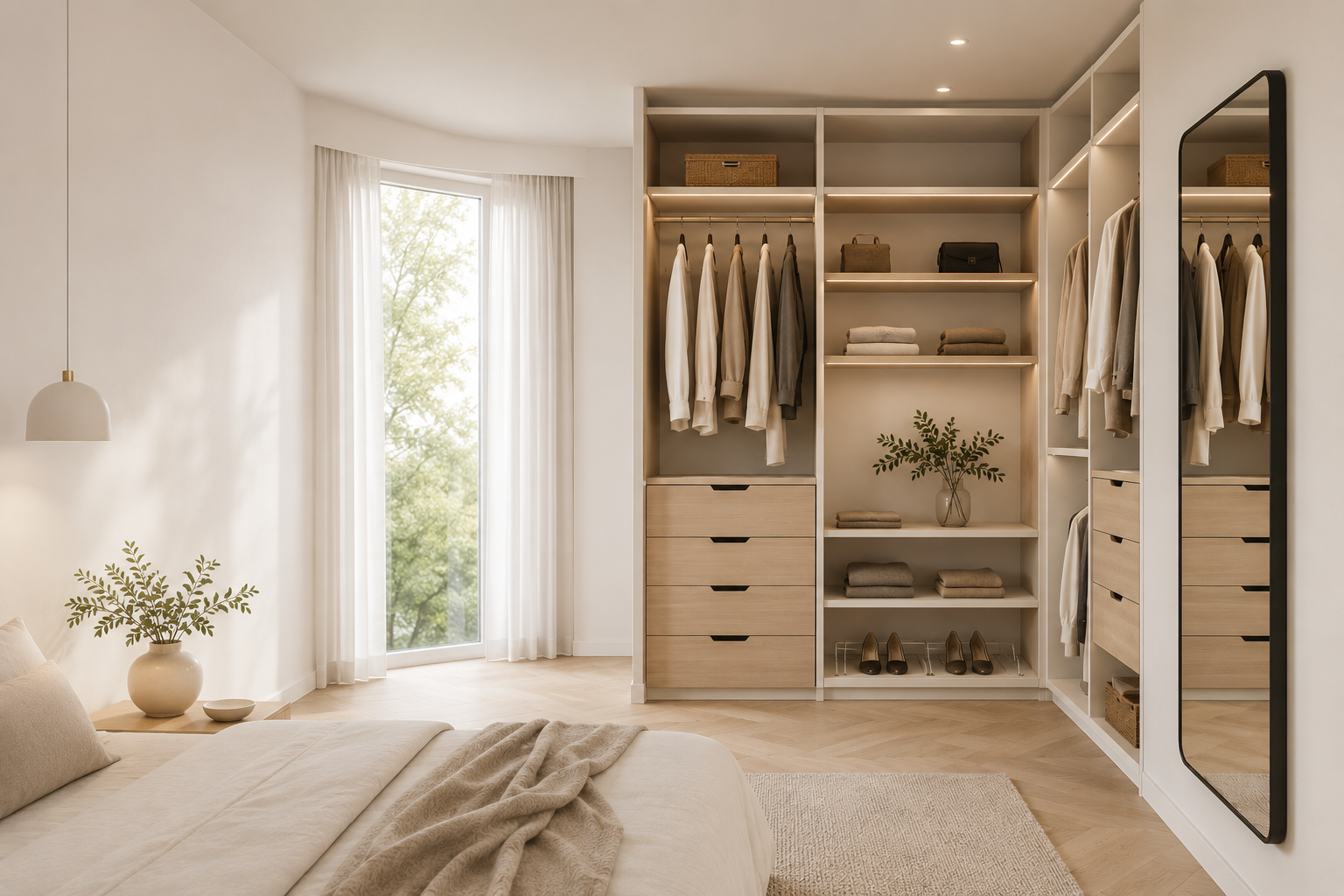 Slaapkamer met moderne inloopkast op maat in lichte houttinten en minimalistisch interieur.
